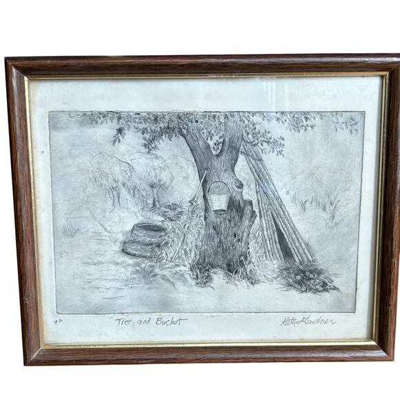 Original pencil drawing sketch art bucket and tree signed framed - Picture 1 of 10